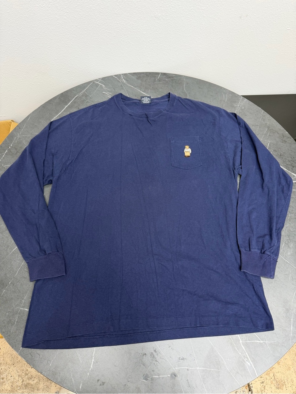 Vintage Polo Ralph Lauren T-Shirt Men L Blue Bear Logo Front Pocket USA Made